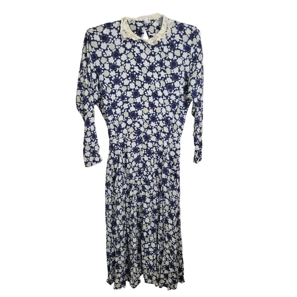 Vtg Michelle Stuart Floral Dress Size‎ 12 Navy White Lace Collar 90s Midi
